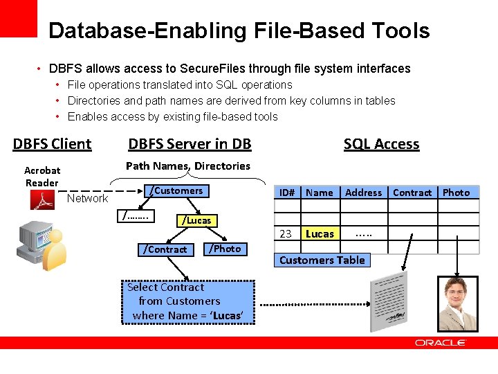 Database-Enabling File-Based Tools • DBFS allows access to Secure. Files through file system interfaces