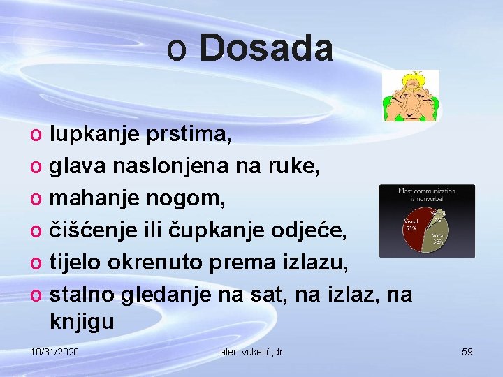 o Dosada o lupkanje prstima, o glava naslonjena na ruke, o mahanje nogom, o