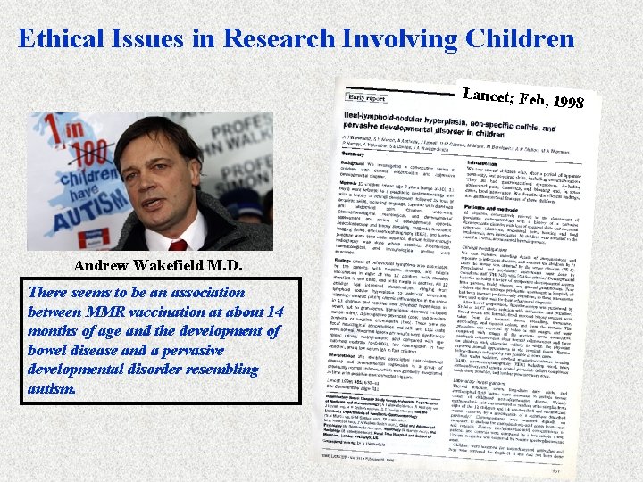 Ethical Issues in Research Involving Children Lancet; Feb, 1 998 Andrew Wakefield M. D.