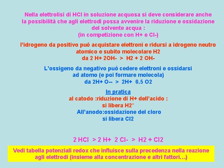 Nella elettrolisi di HCl in soluzione acquosa si deve considerare anche la possibilità che