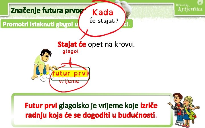 Značenje futura prvoga Promotri istaknuti glagol u sljedećoj rečenici. Stajat će opet na krovu.