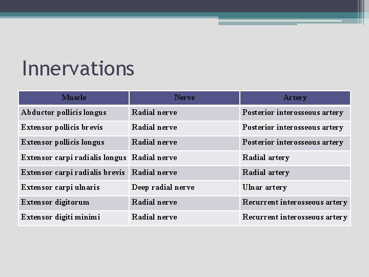 Innervations Muscle Nerve Artery Abductor pollicis longus Radial nerve Posterior interosseous artery Extensor pollicis