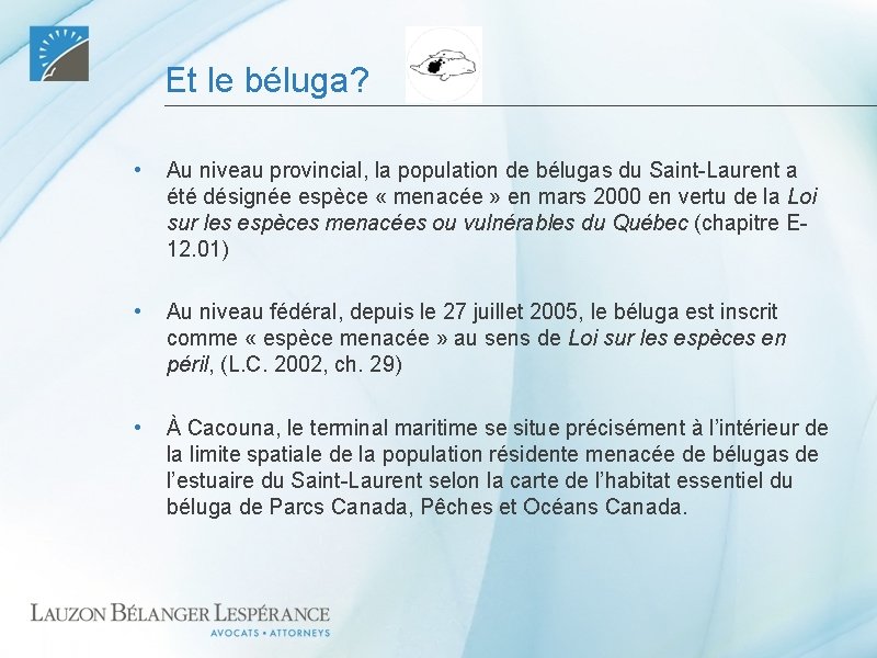 Et le béluga? • Au niveau provincial, la population de bélugas du Saint-Laurent a