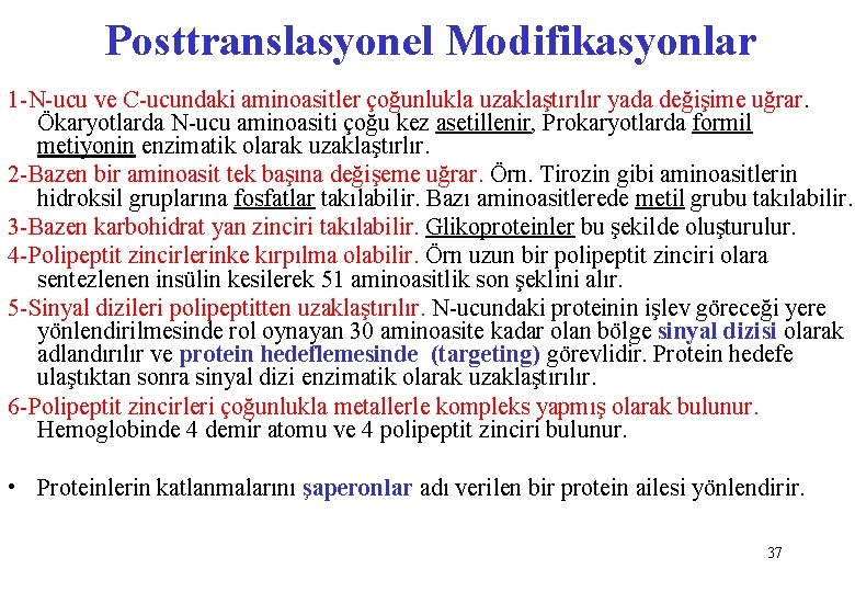Posttranslasyonel Modifikasyonlar 1 -N-ucu ve C-ucundaki aminoasitler çoğunlukla uzaklaştırılır yada değişime uğrar. Ökaryotlarda N-ucu