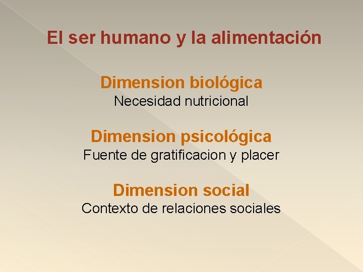 El ser humano y la alimentación Dimension biológica Necesidad nutricional Dimension psicológica Fuente de