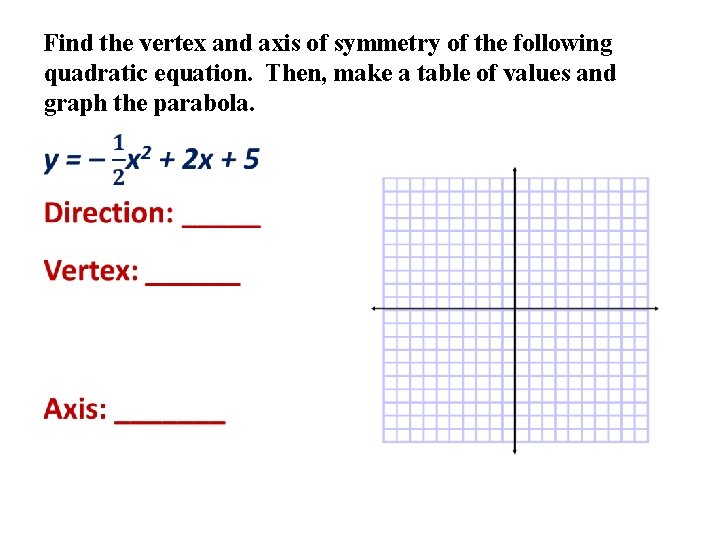 Find the vertex and axis of symmetry of the following quadratic equation. Then, make