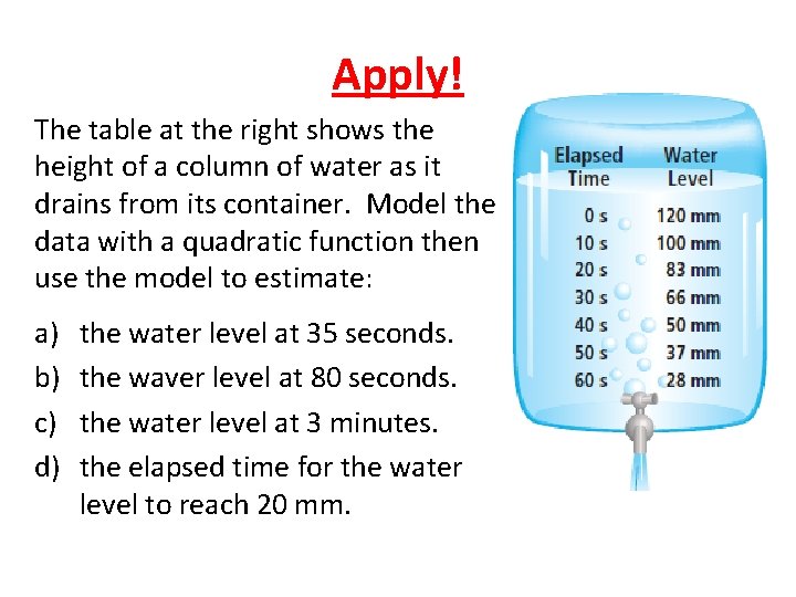 Apply! The table at the right shows the height of a column of water