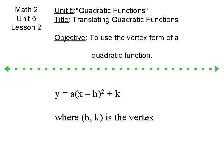 Math 2 Unit 5 Lesson 2 Unit 5: "Quadratic Functions" Title: Translating Quadratic Functions