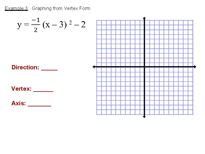 Example 3: Graphing from Vertex Form Direction: _____  Vertex: ______ Axis: _______ 