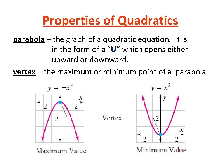 Properties of Quadratics parabola – the graph of a quadratic equation. It is in