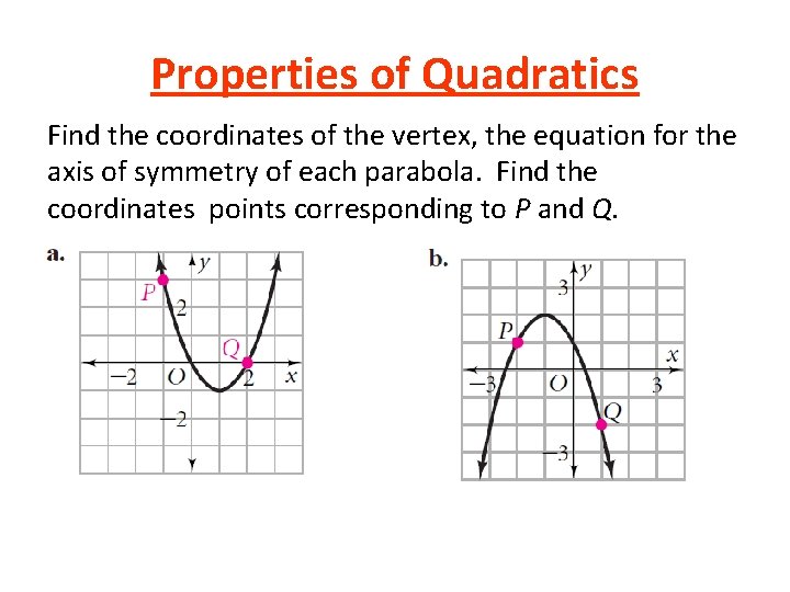Properties of Quadratics Find the coordinates of the vertex, the equation for the axis