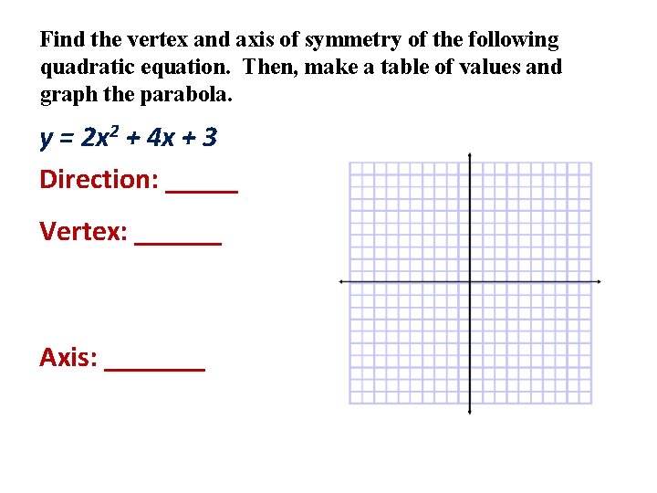 Find the vertex and axis of symmetry of the following quadratic equation. Then, make