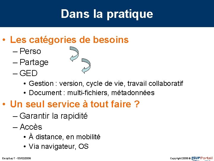 Dans la pratique • Les catégories de besoins – Perso – Partage – GED Dans la pratique • Les catégories de besoins – Perso – Partage – GED