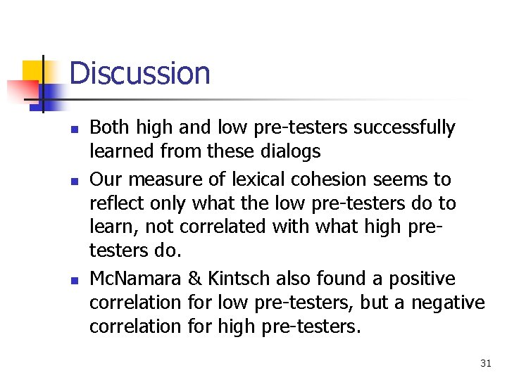 Discussion n Both high and low pre-testers successfully learned from these dialogs Our measure