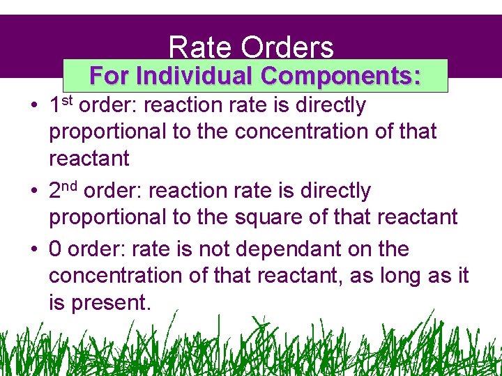 Rate Orders For Individual Components: • 1 st order: reaction rate is directly proportional Rate Orders For Individual Components: • 1 st order: reaction rate is directly proportional