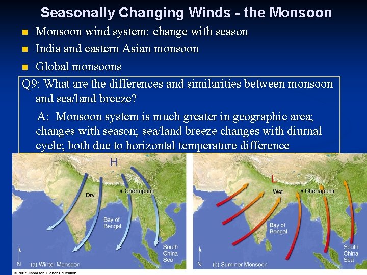 Seasonally Changing Winds - the Monsoon wind system: change with season n India and