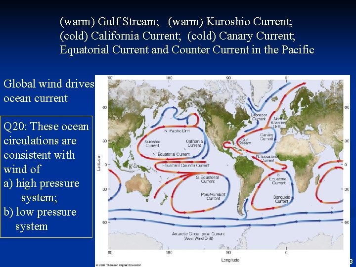 (warm) Gulf Stream; (warm) Kuroshio Current; (cold) California Current; (cold) Canary Current; Equatorial Current