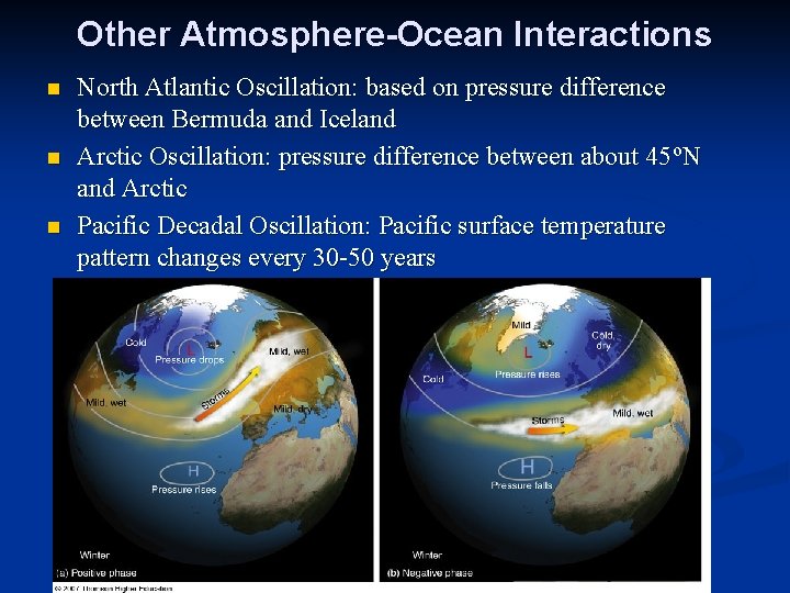 Other Atmosphere-Ocean Interactions n n n North Atlantic Oscillation: based on pressure difference between