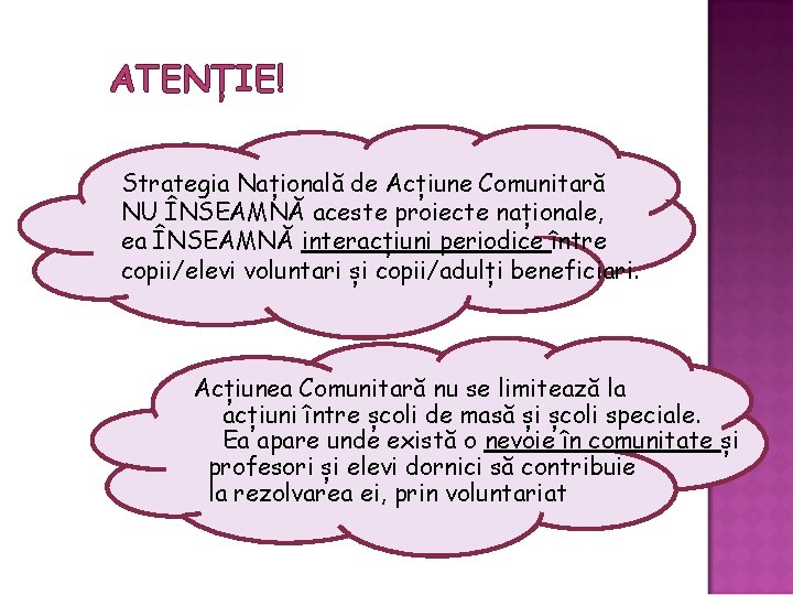 ATENȚIE! Strategia Națională de Acțiune Comunitară NU ÎNSEAMNĂ aceste proiecte naționale, ea ÎNSEAMNĂ interacțiuni ATENȚIE! Strategia Națională de Acțiune Comunitară NU ÎNSEAMNĂ aceste proiecte naționale, ea ÎNSEAMNĂ interacțiuni