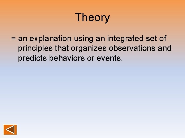 Theory = an explanation using an integrated set of principles that organizes observations and
