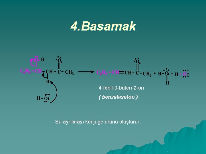 4. Basamak 4 -fenil-3 -büten-2 -on ( benzalaseton ) Su ayrılması konjuge ürünü oluşturur.