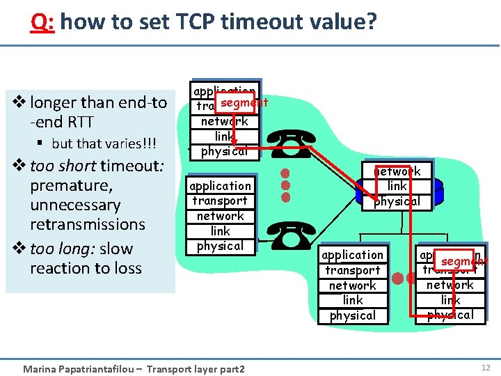 Q: how to set TCP timeout value? v longer than end-to -end RTT §