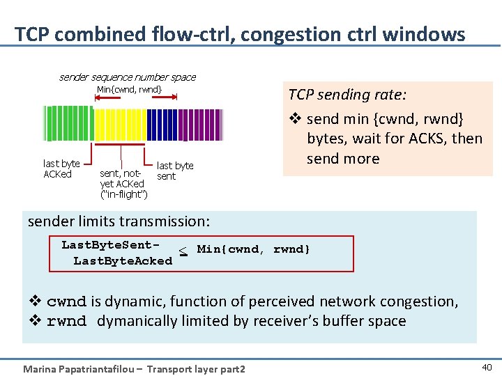 TCP combined flow-ctrl, congestion ctrl windows sender sequence number space Min{cwnd, rwnd} last byte