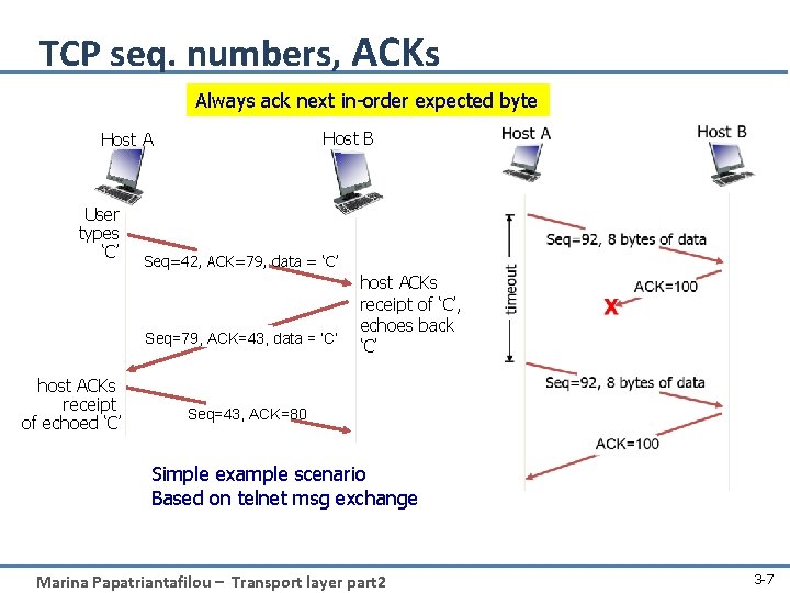 TCP seq. numbers, ACKs Always ack next in-order expected byte Host B Host A