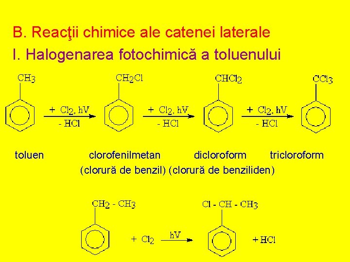 B. Reacţii chimice ale catenei laterale I. Halogenarea fotochimică a toluenului toluen clorofenilmetan dicloroform