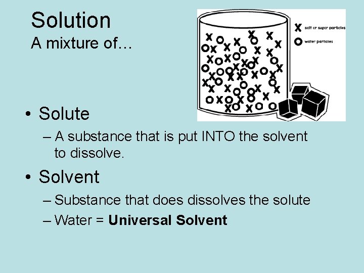 Solution A mixture of… • Solute – A substance that is put INTO the