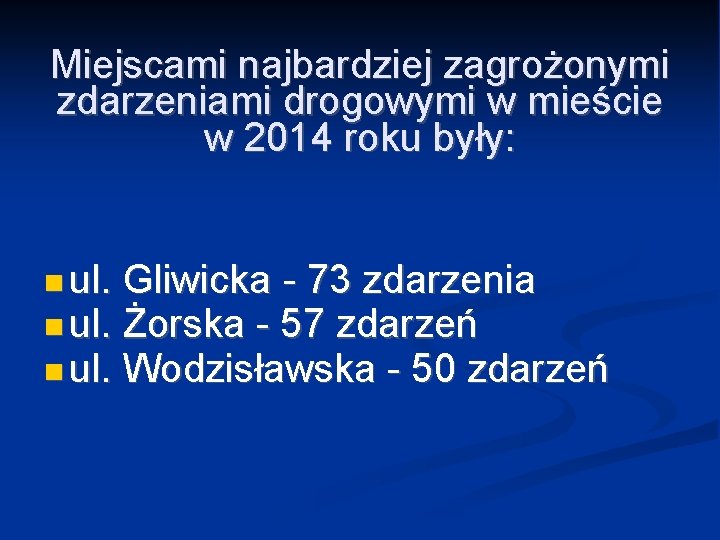 Miejscami najbardziej zagrożonymi zdarzeniami drogowymi w mieście w 2014 roku były: ul. Gliwicka -