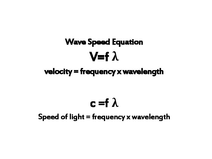 Wave Speed Equation V=f λ velocity = frequency x wavelength c =f λ Speed