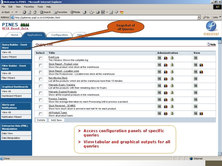 IIT Bombay RFID 2005 Snapshot of all Queries Access configuration panels of specific queries