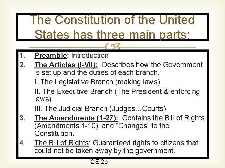 The Constitution of the United States has three main parts: 1. 2. 3. 4.