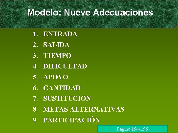  Modelo: Nueve Adecuaciones 1. ENTRADA 2. SALIDA 3. TIEMPO 4. DIFICULTAD 5. APOYO