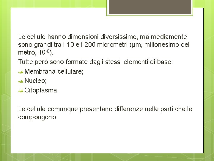 Le cellule hanno dimensioni diversissime, ma mediamente sono grandi tra i 10 e i Le cellule hanno dimensioni diversissime, ma mediamente sono grandi tra i 10 e i