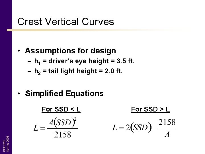 Crest Vertical Curves • Assumptions for design – h 1 = driver’s eye height