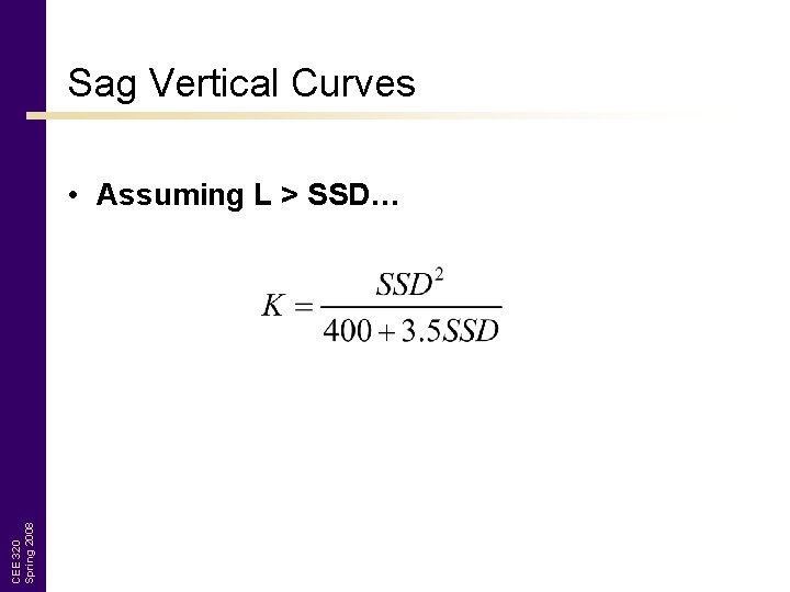 Sag Vertical Curves CEE 320 Spring 2008 • Assuming L > SSD… 
