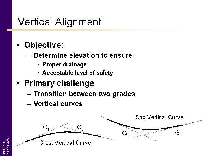 Vertical Alignment • Objective: – Determine elevation to ensure • Proper drainage • Acceptable