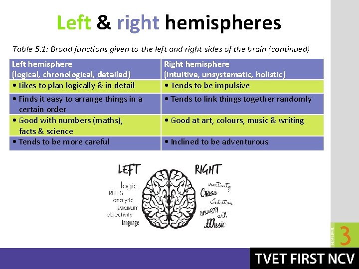 Left & right hemispheres Table 5. 1: Broad functions given to the left and