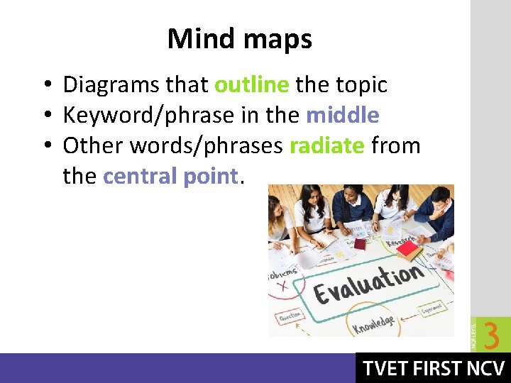 Mind maps • Diagrams that outline the topic • Keyword/phrase in the middle •