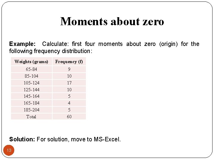 Moments about zero Example: Calculate: first four moments about zero (origin) for the following