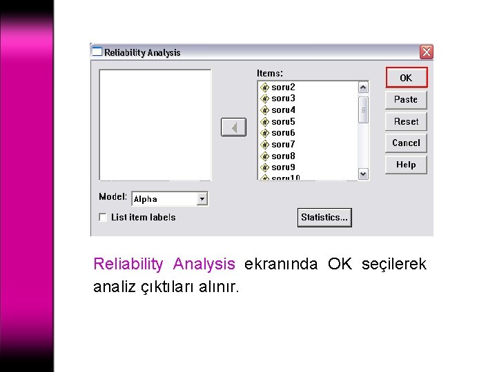 Reliability Analysis ekranında OK seçilerek analiz çıktıları alınır. 