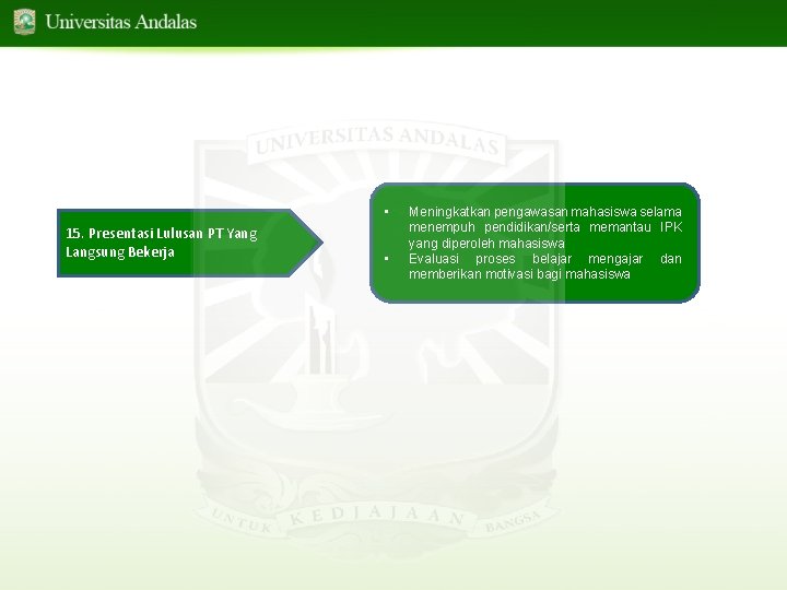  • 15. Presentasi Lulusan PT Yang Langsung Bekerja • Meningkatkan pengawasan mahasiswa selama