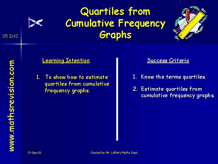 Quartiles from Cumulative Frequency Graphs www. mathsrevision. com S 5 Int 2 Learning Intention