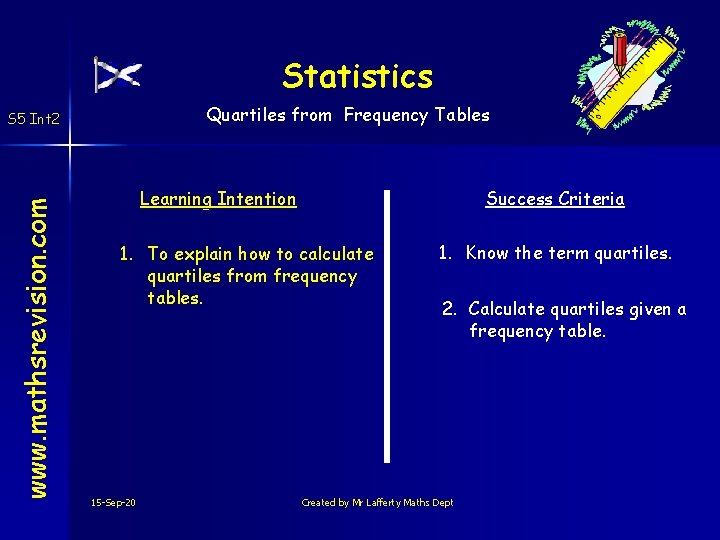 Statistics Quartiles from Frequency Tables www. mathsrevision. com S 5 Int 2 Learning Intention