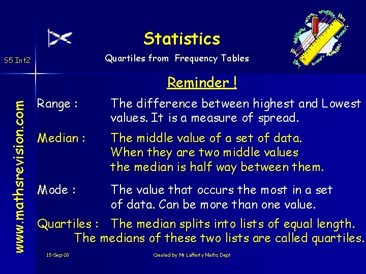 Statistics Quartiles from Frequency Tables S 5 Int 2 www. mathsrevision. com Reminder !