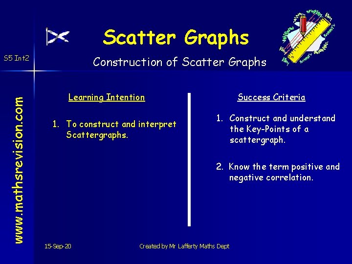 Scatter Graphs Construction of Scatter Graphs www. mathsrevision. com S 5 Int 2 Learning