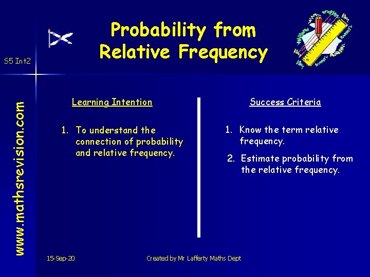 Probability from Relative Frequency www. mathsrevision. com S 5 Int 2 Learning Intention 1.