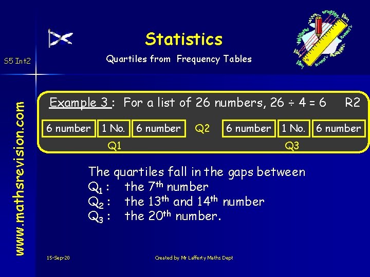 Statistics Quartiles from Frequency Tables www. mathsrevision. com S 5 Int 2 Example 3